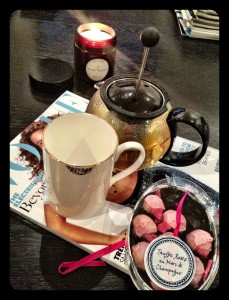 Rococco chocolates and a pot of camomile tea with my Liptease bone china mug for my night in.  alone. bliss.