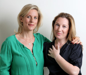 Bec Astley Clarke and me posing with our genetic breast cancer bracelet in advance of the launch next month