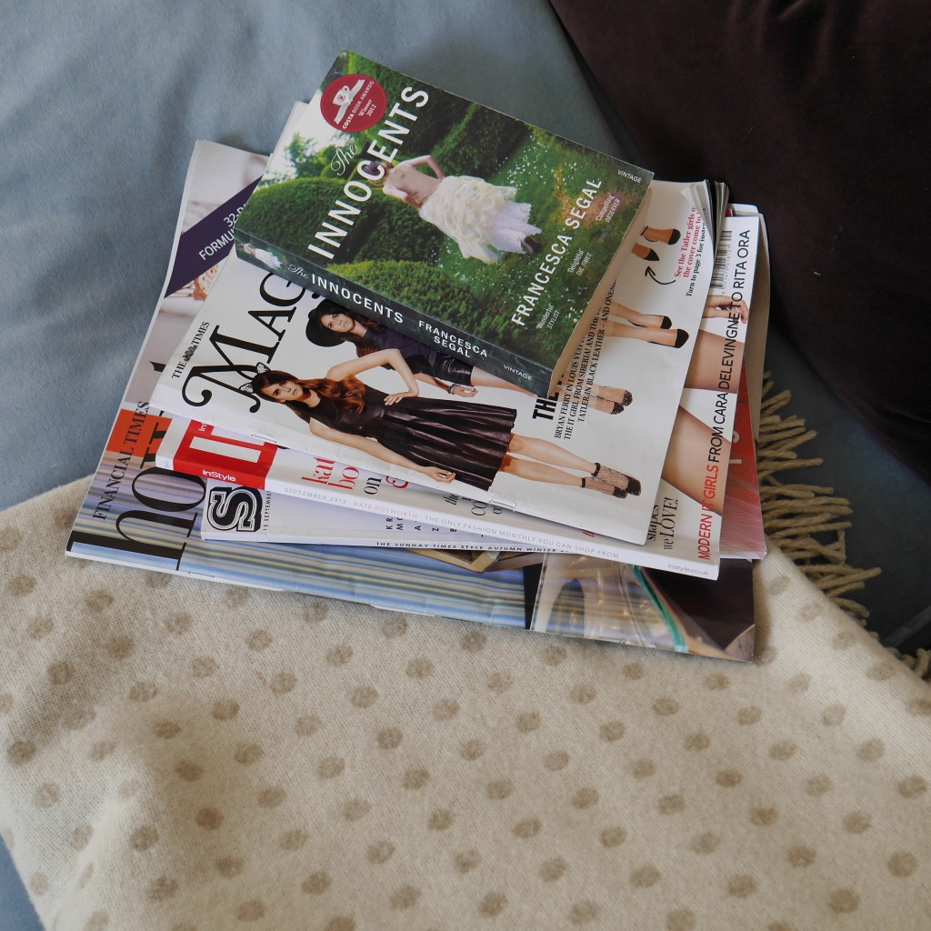 my stack of reading material with a Bronte sofa throw