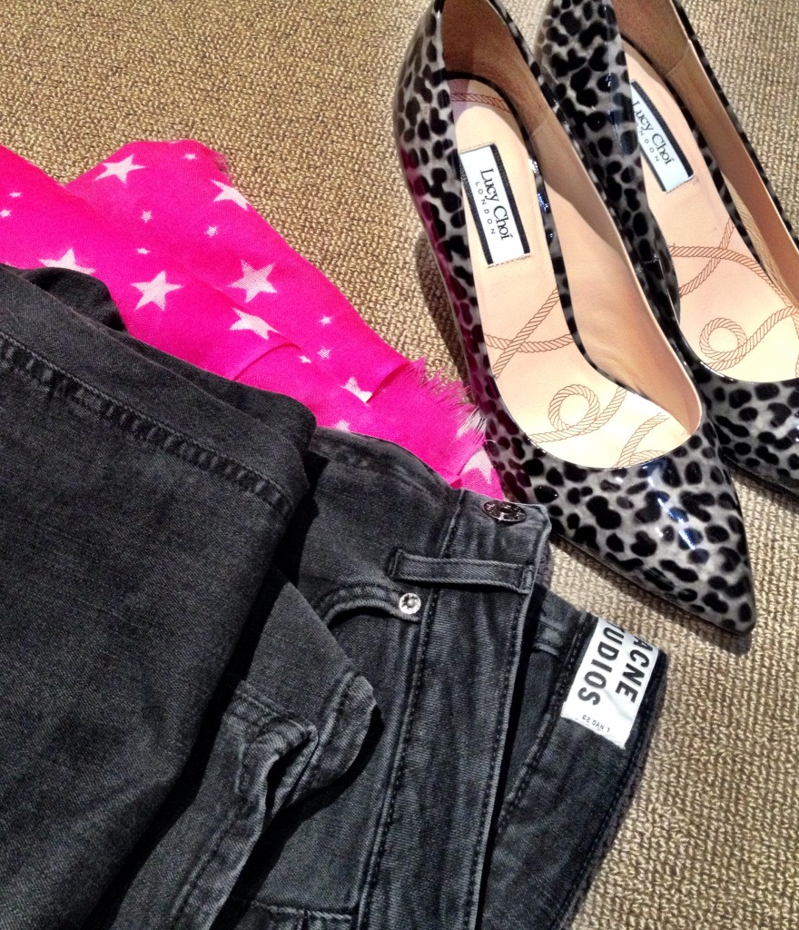 Acne 5 skin jeans in black £169, ANNA star print scarf £69 and Lucy Choi Shoes