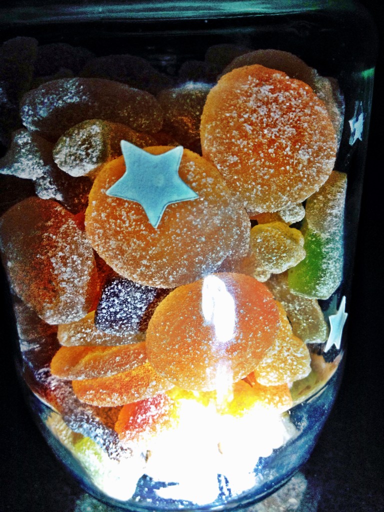 The Goody Good Stuff Halloween Mix Multi Bag (Tesco) in my own jar with glow in dark stickers!