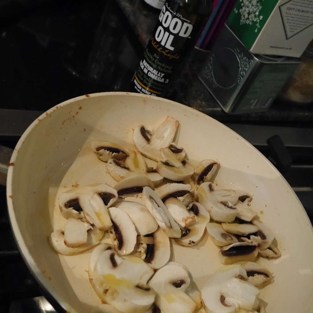 mushrooms cooking in deliciously nutty hemp oil