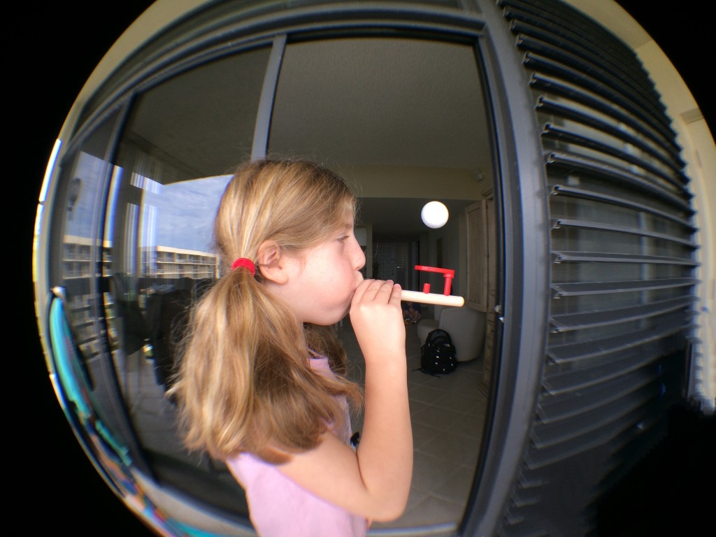 Mini plays with the floating ball through a fisheye lens