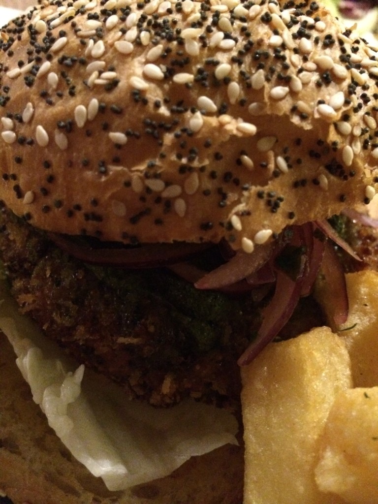quinoa burger with chips and amarillo chilli mayo £9
