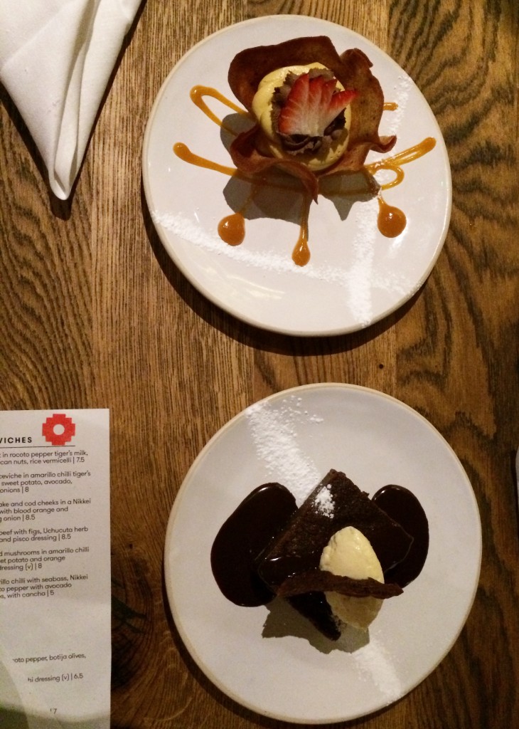 our dessert: quinoa chocolate brownie £5 & mousse de lucuma £5