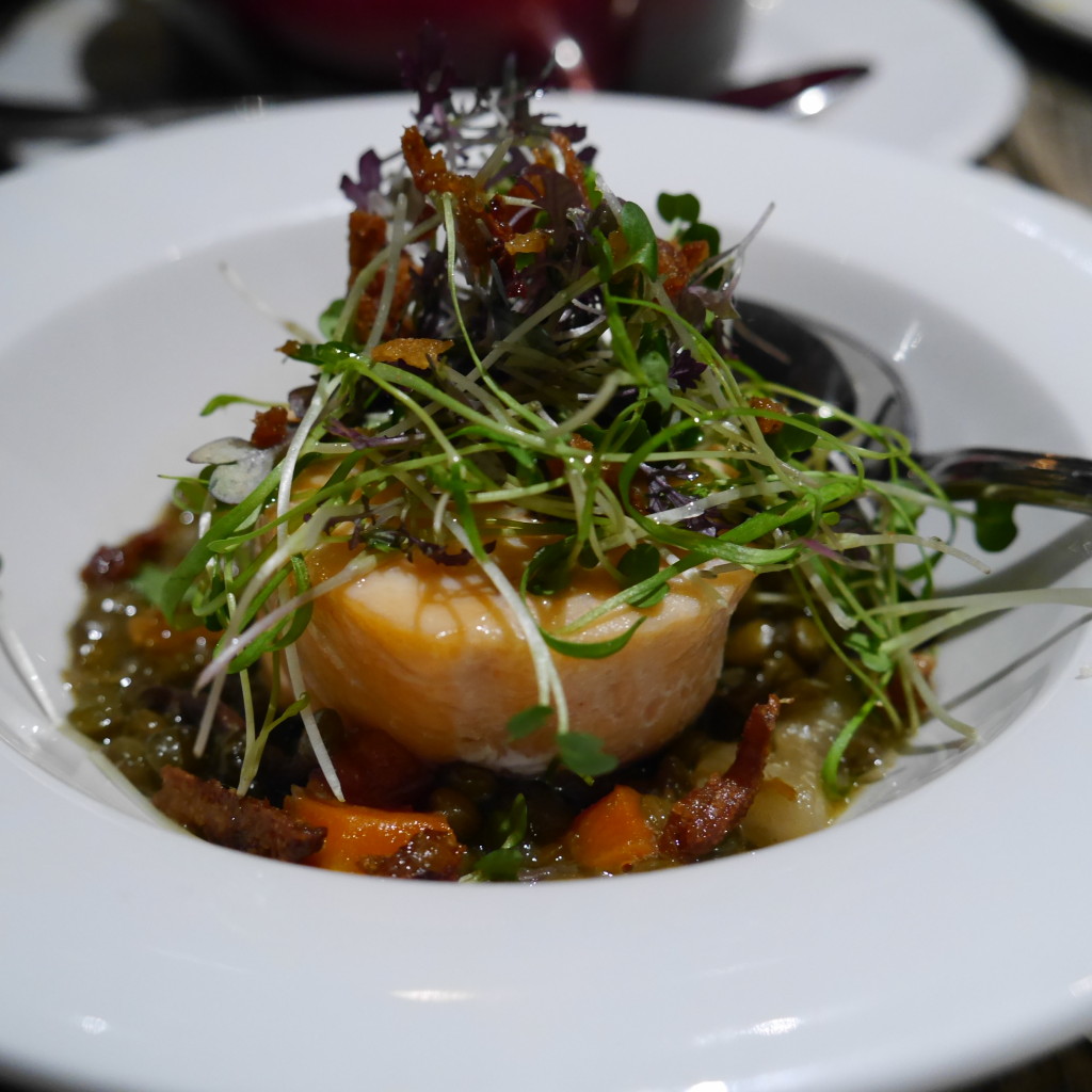 warm confit of salmon with duck, puy lentils and herbs £6.50