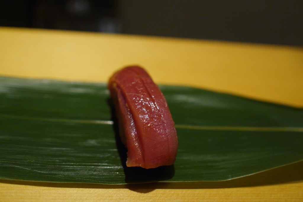 medium fatty tuna on a banana leaf.  We were instructed to eat it whole. no chopsticks allowed. soy sauce not advised.