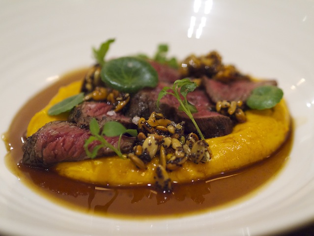 venison with onion squash, honey, pennywort and sunflower seeds
