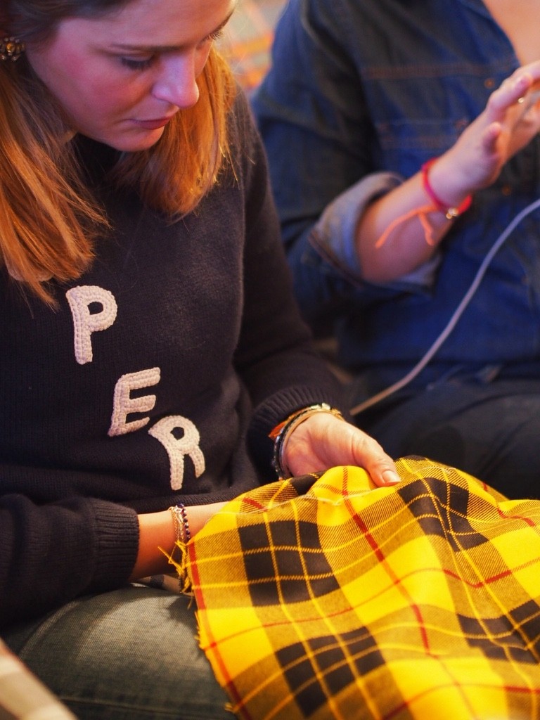 Over LARGE glasses of wine - in our country house hotel - we learnt how to make a kilt. Here is Anna from South Molten Street Style getting whizzy with her needle... 