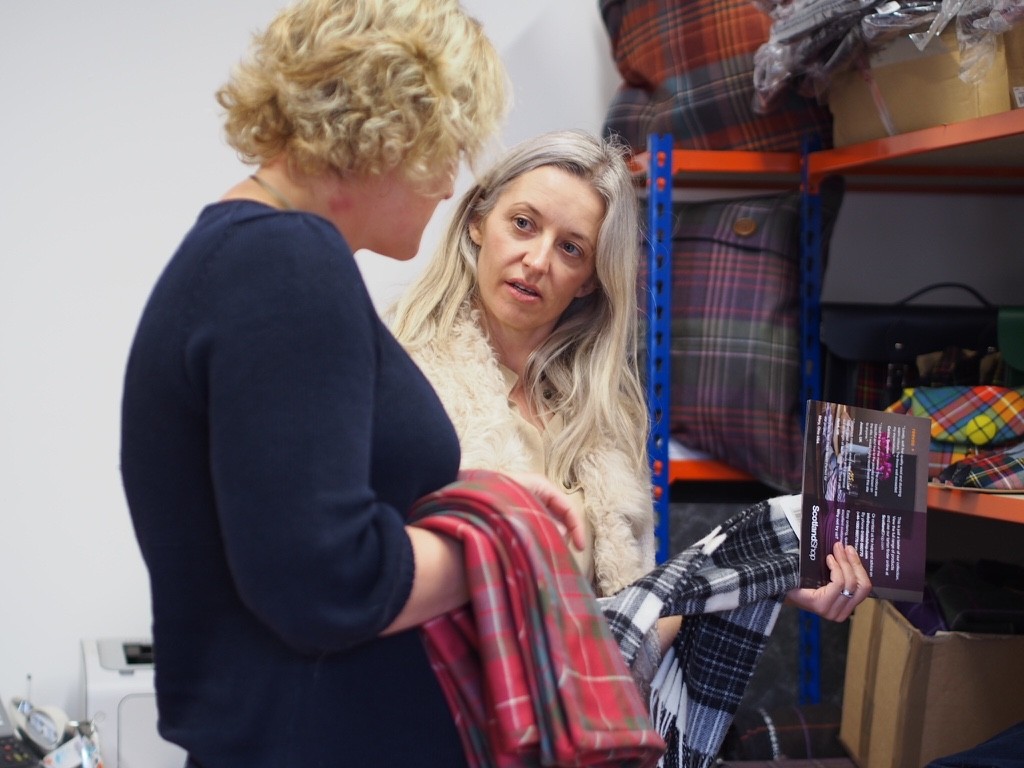 Joanne from The Stylist and the Wardrobe discussing tartans and patterns with Anna of Scotland Shop